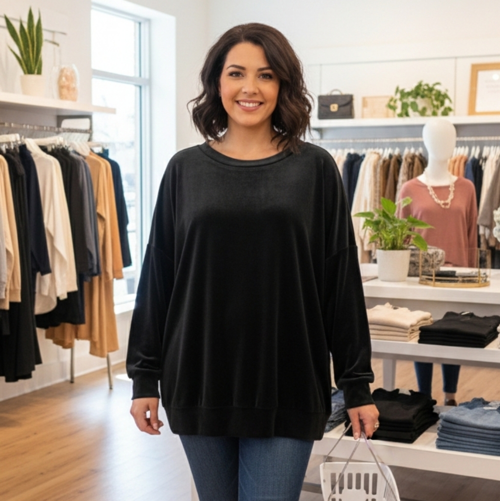 Ellos Boxy Velour Lounge Sweatshirt 14/16 W Women's‎ Black Very Soft